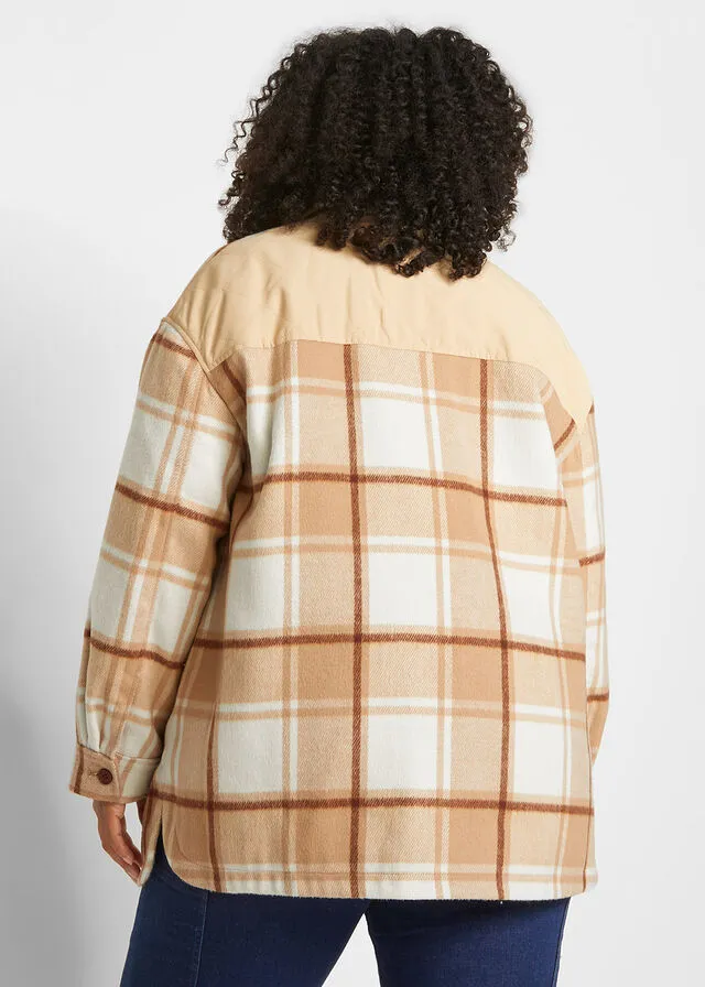Chaqueta de entretiempo con mezcla de materiales Marrón caoba-blanco lana de cuadros